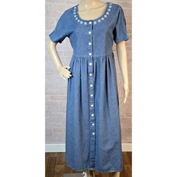 Sophia Rose Denim Babydoll Maxi Dress Embroidery Cottage Core Vintage Women's 10 - Picture 1 of 11